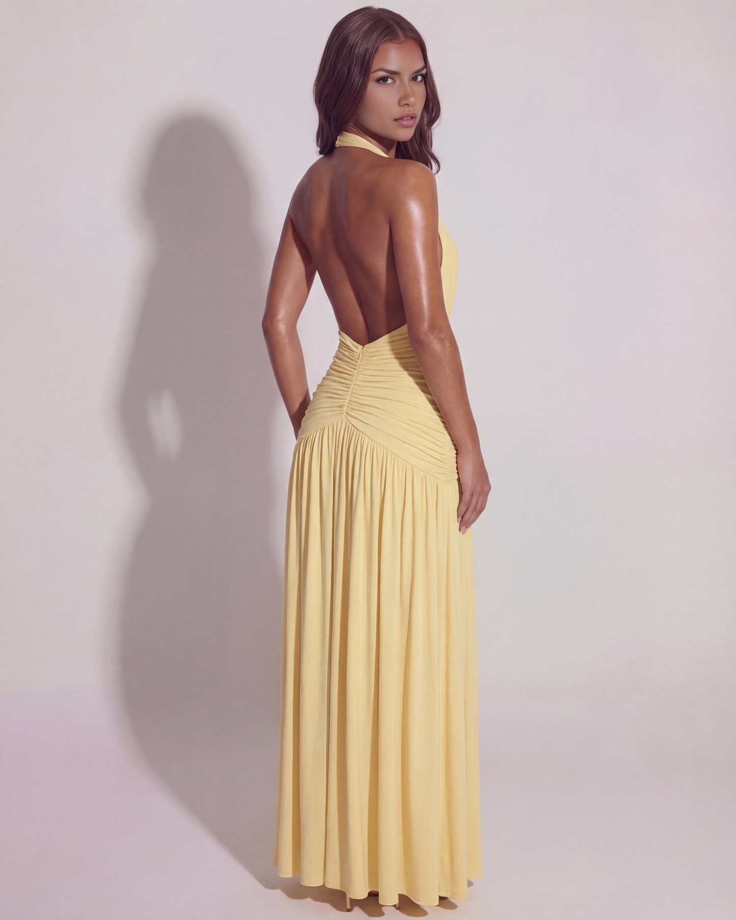 Ava Maxi Dress | Soft Yellow, Stretch Slinky, Plunging Neckline 7