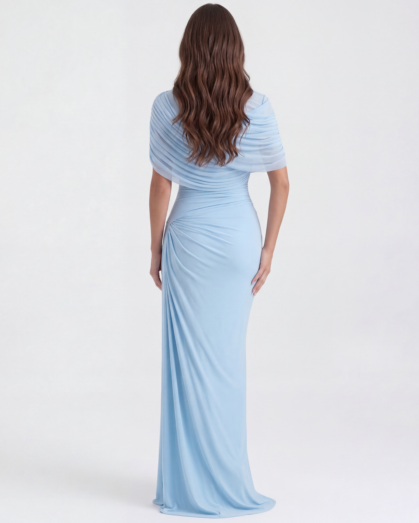 Celeste Maxi Dress | Baby-Blue Long Gown with Shawl Detail 7
