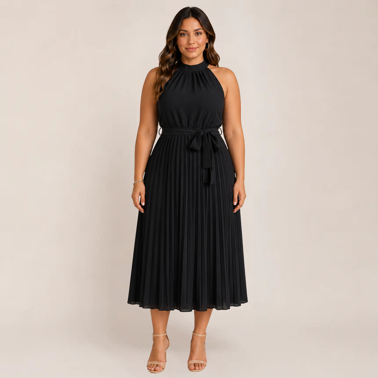 Celia Midi Dress | Elegant Pleated Halter Design, Perfect for Summer Weddings