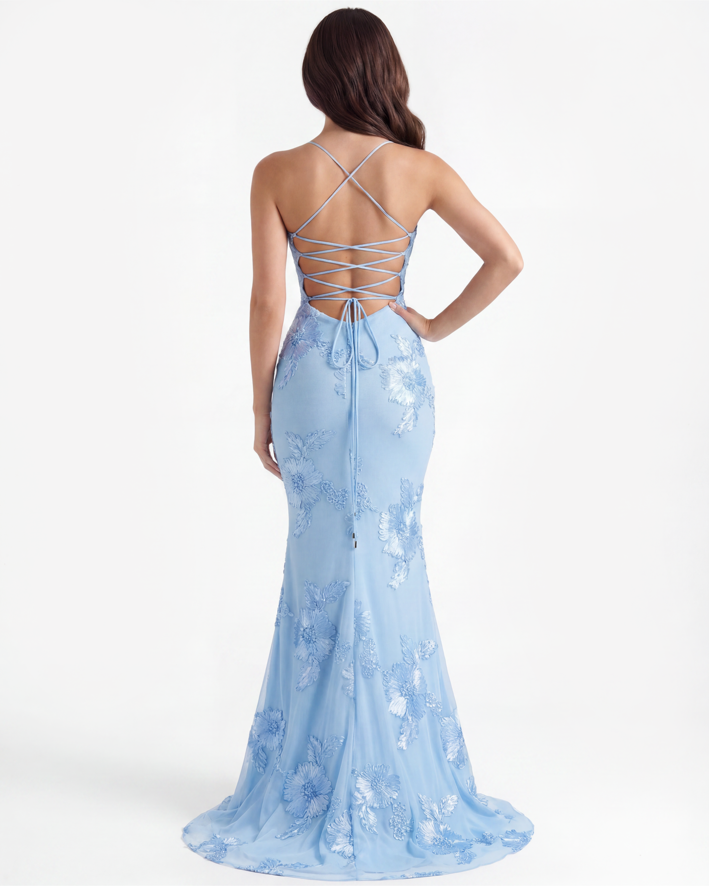 Clara Floral Maxi Dress | Soft Baby Blue, Stretch Mesh, Lace-Up Back 7