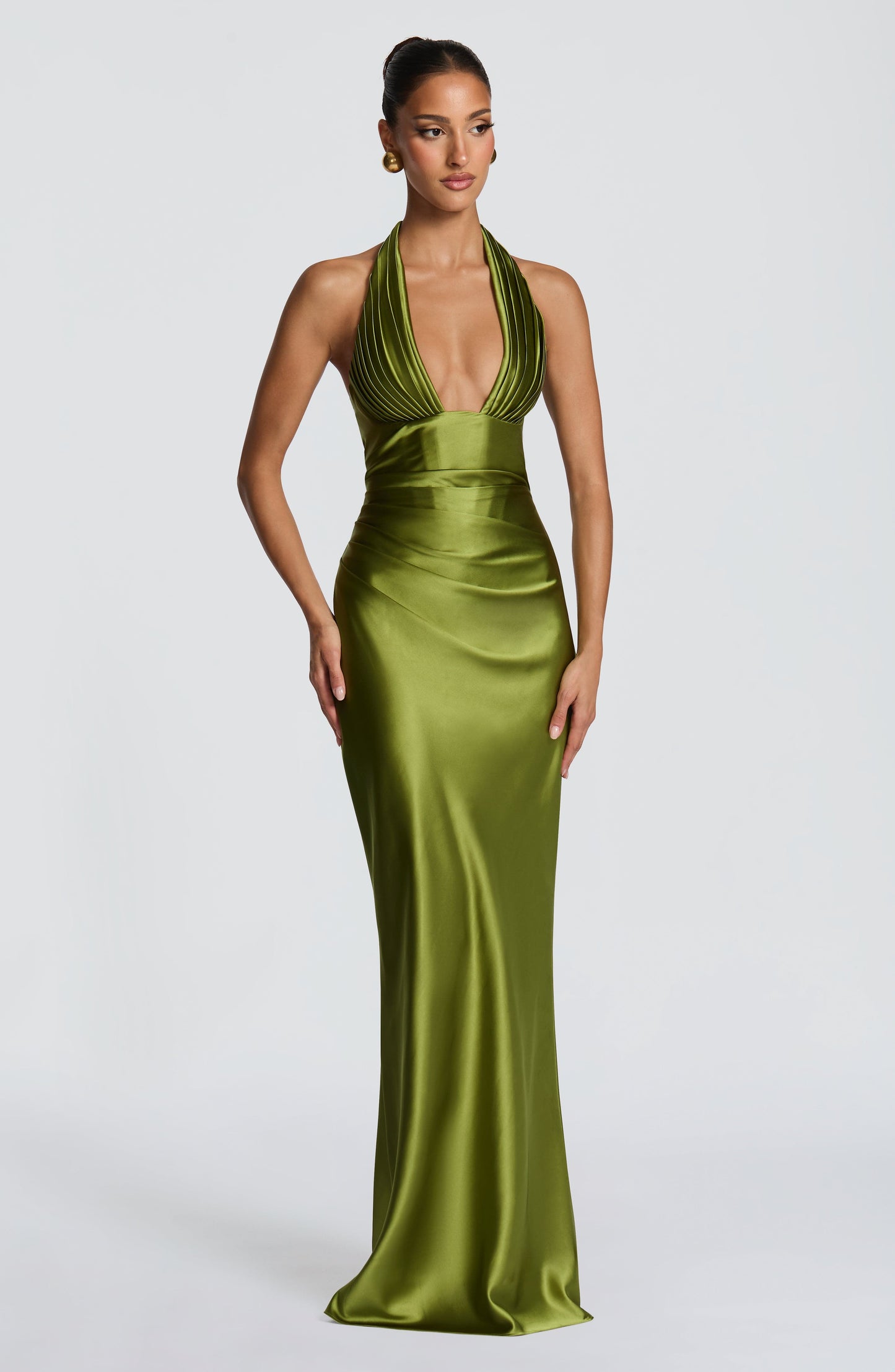 Elowen Maxi Dress | Olive Satin, Pleated Cups, Halterneck 5