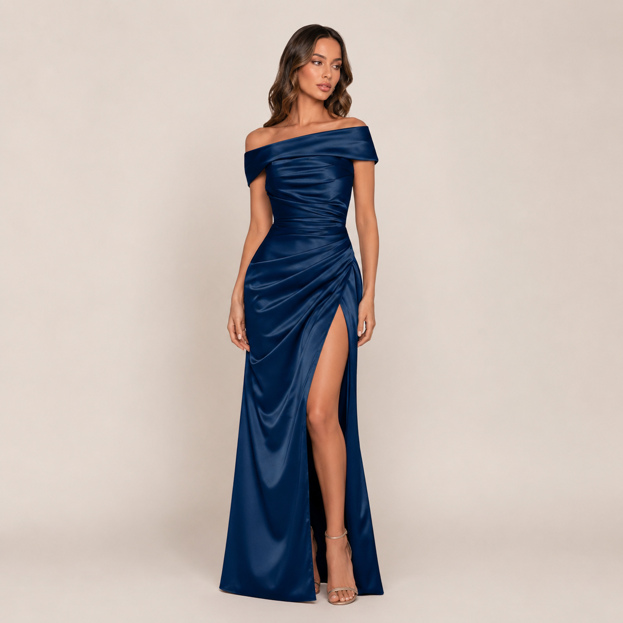 Elysian Off-Shoulder Dress | Elegant Satin, High-Waisted