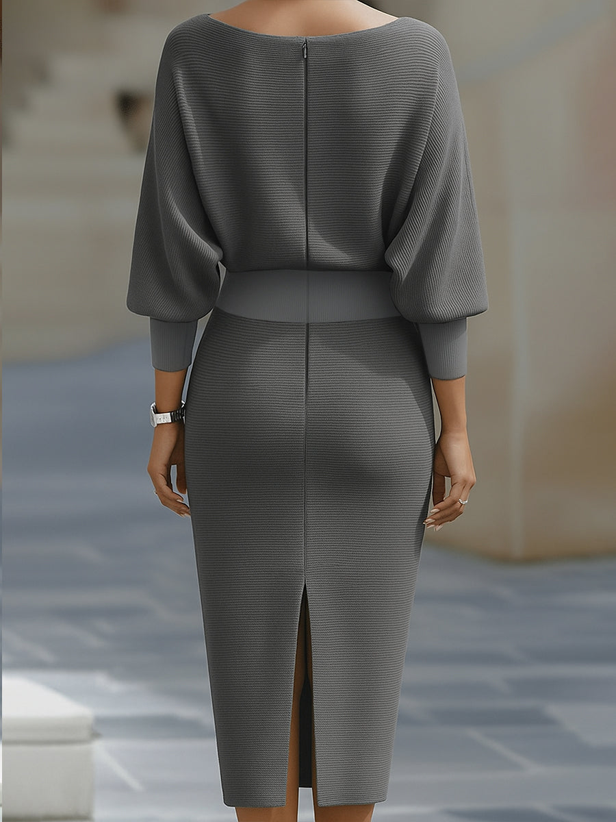 Mira Midi Dress | White Draped Cowl Neck, Batwing Sleeves, Formal Style 8