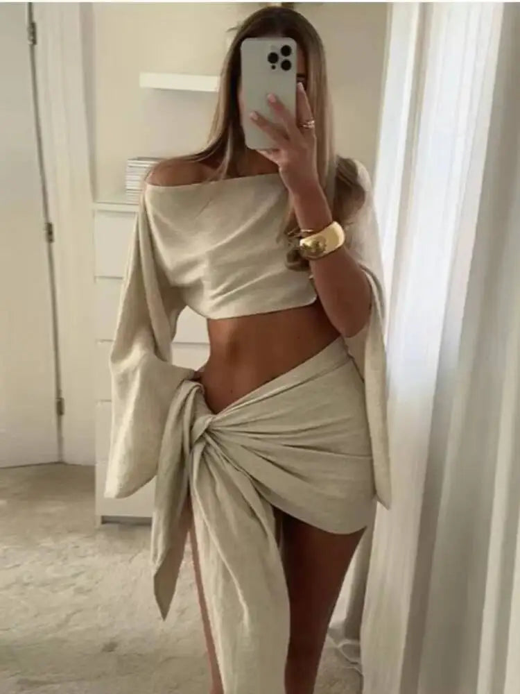 Sassy Skirt Set | One Shoulder Top with Flared Sleeves, Mini Pleated Skirt 10