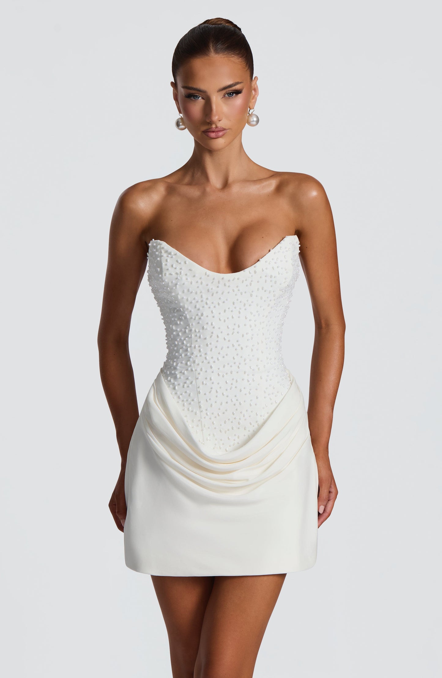 Tindra Mini Dress | Pearl-Embellished Ivory Crepe, Strapless 8