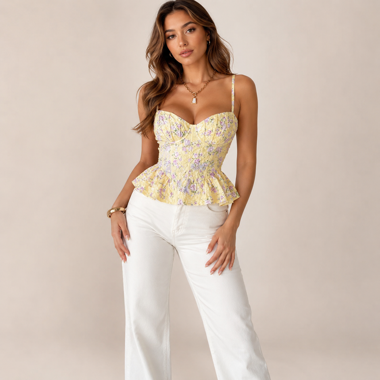 Wina Floral Corset Top | Lace-Up, Ruffle Hem