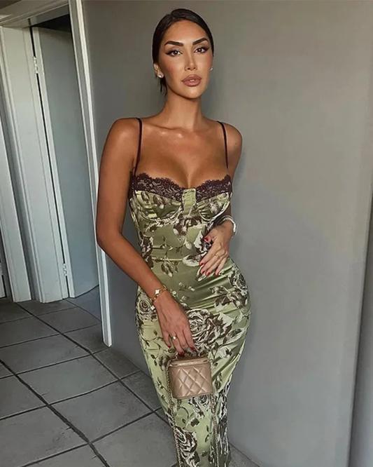 Fleur Midi Dress | Satin Floral, Corset Design for Wedding Guests