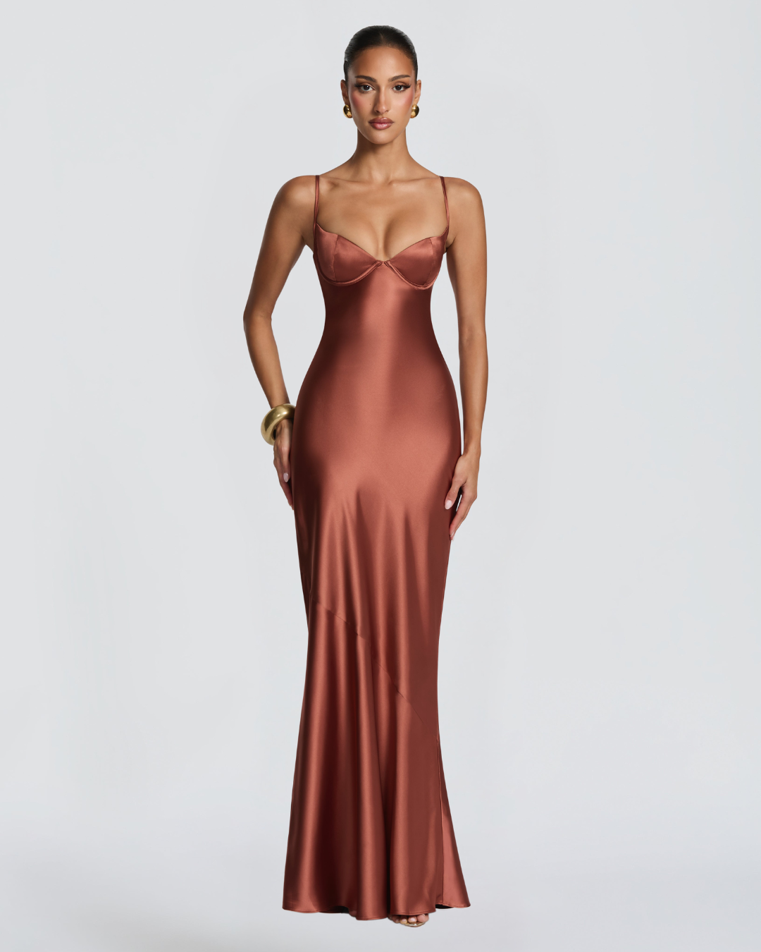 Amorette Maxi Dress | Rust Satin, Lace-Up Back, Adjustable Straps