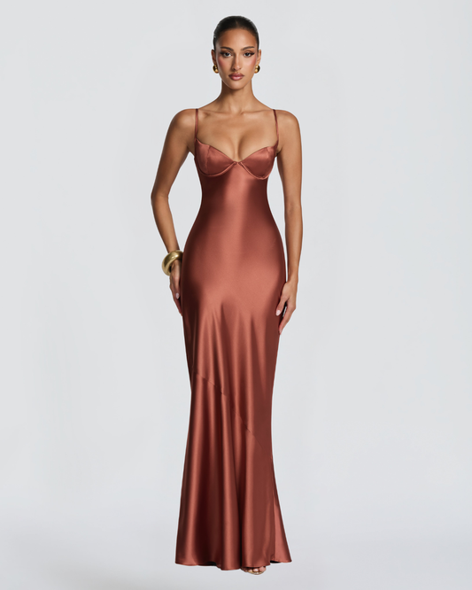 Amorette Maxi Dress | Rust Satin, Lace-Up Back, Adjustable Straps