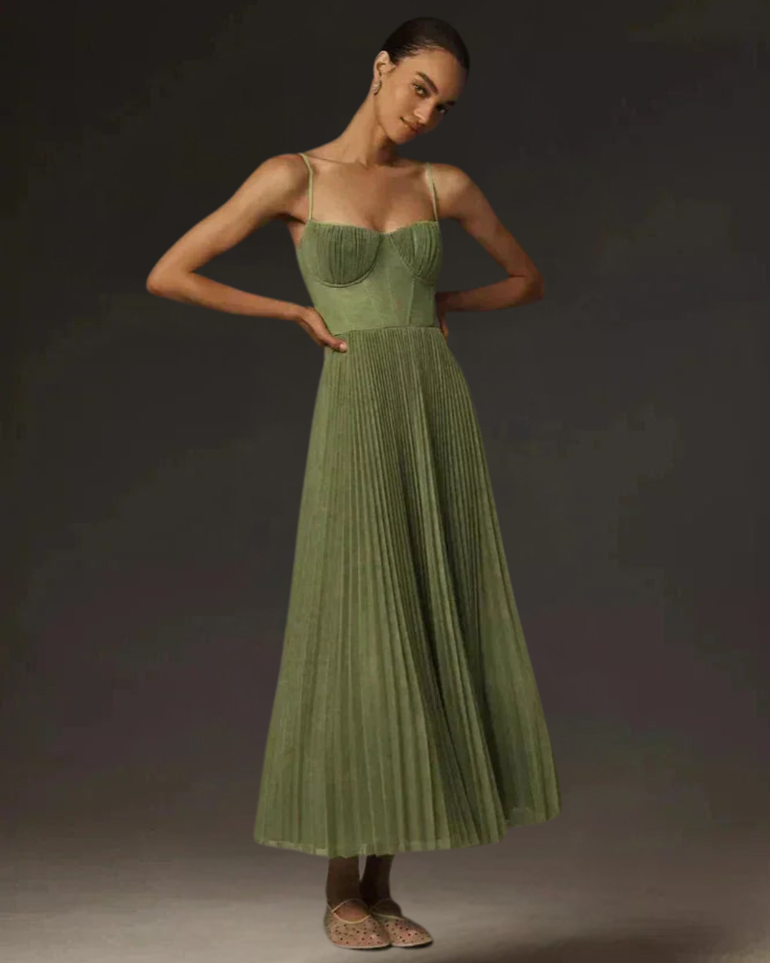 Olivia Green Midi Dress | Pleated, Adjustable Straps for Women