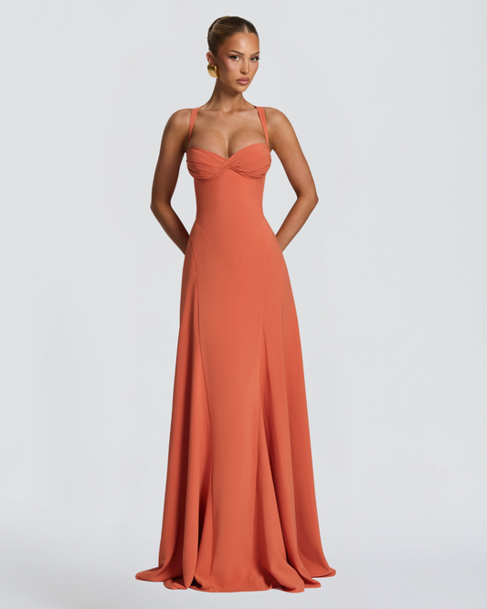 Irie Maxi Dress | Burnt Orange Chiffon, Sweetheart Neckline, Flared Skirt