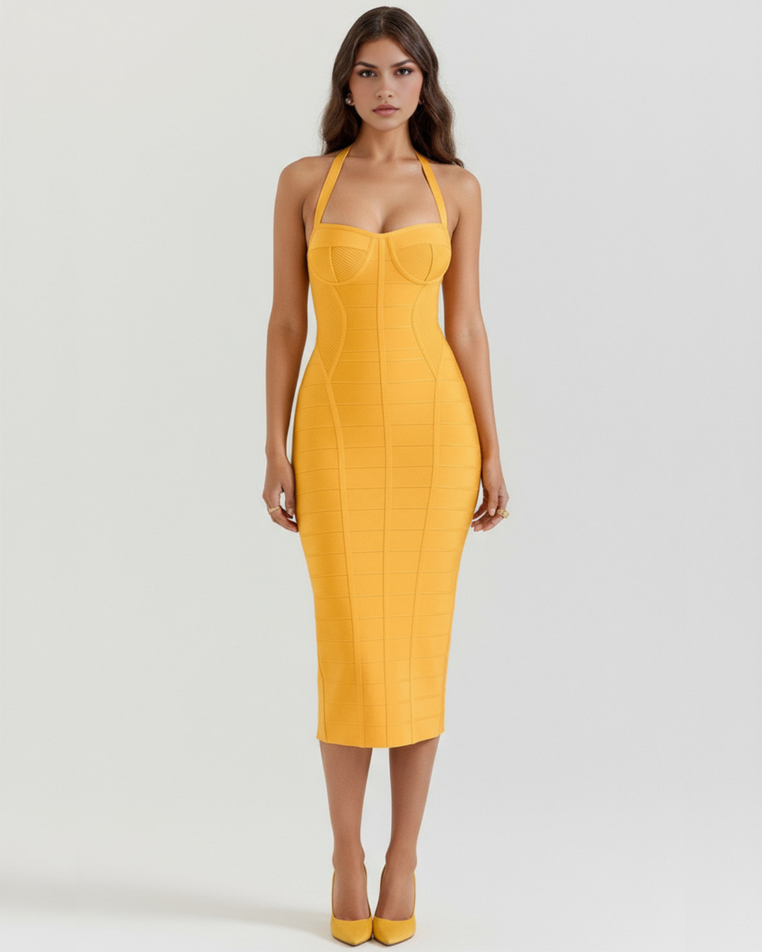 Cleo Midi Dress | Heavyweight Bandage Fabric, Halter Neck, Perfect for Wedding Guest and Cocktail Events