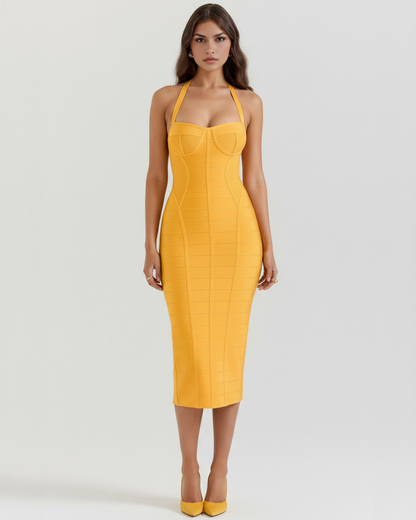 Cleo Midi Dress | Heavyweight Bandage Fabric, Halter Neck, Perfect for Wedding Guest and Cocktail Events
