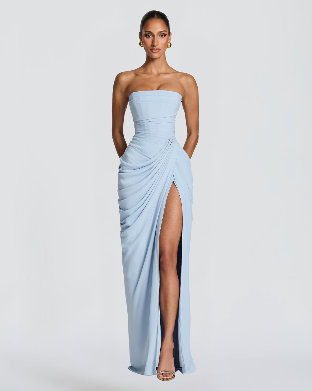 Cyla Maxi Dress | Glacier Blue Chiffon, Strapless Design, Thigh-High Split
