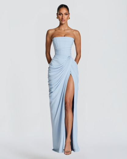 Cyla Maxi Dress | Glacier Blue Chiffon, Strapless Design, Thigh-High Split