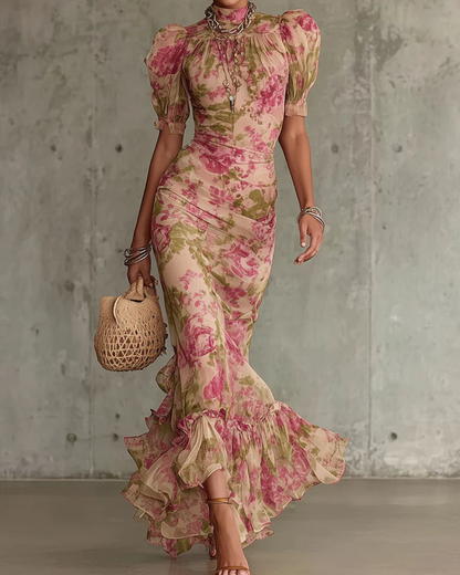Pavlova Floral Maxi Dress | Lightweight, Elegant Puff Sleeves for Summer and Wedding Guests