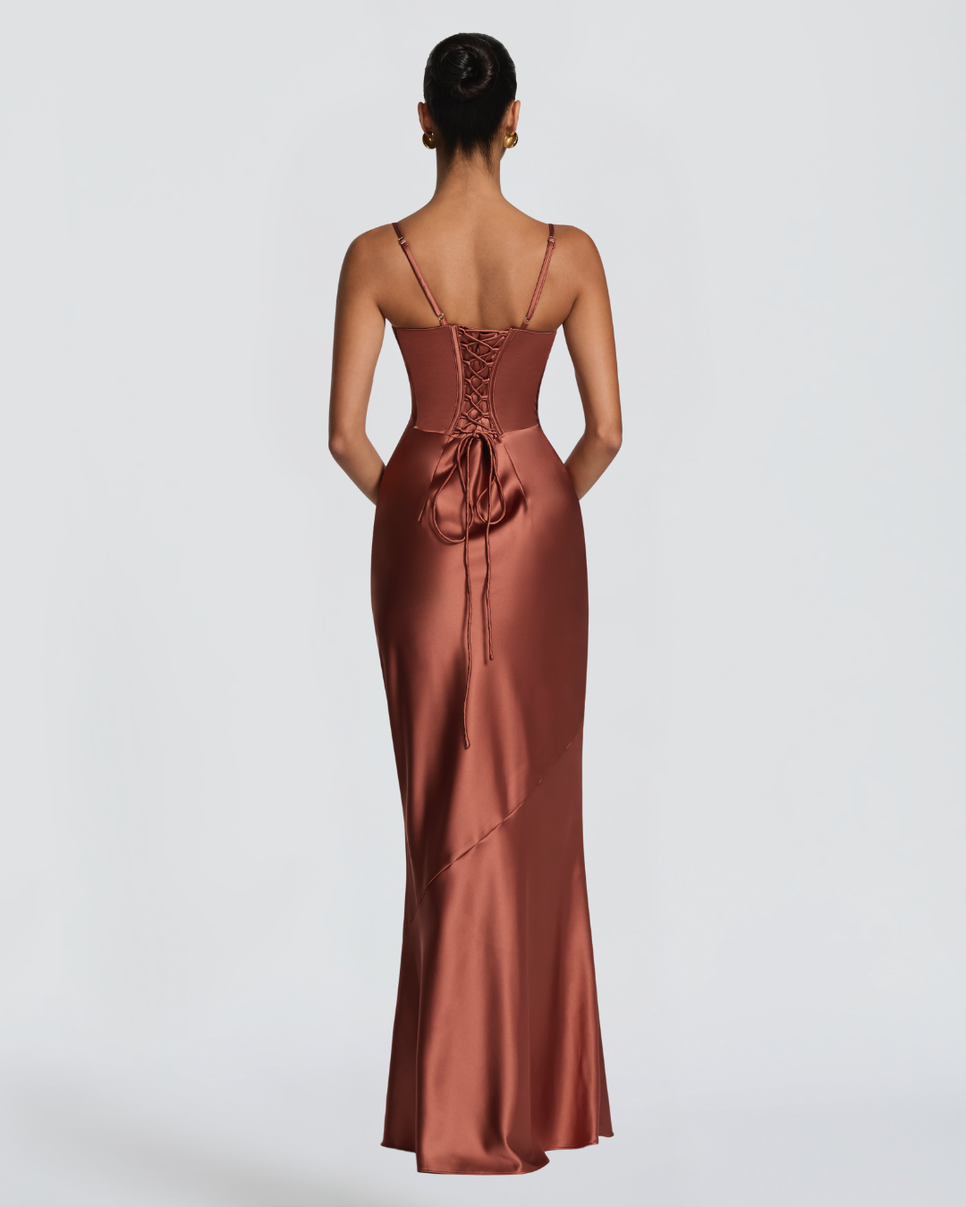 Amorette Maxi Dress | Rust Satin, Lace-Up Back, Adjustable Straps