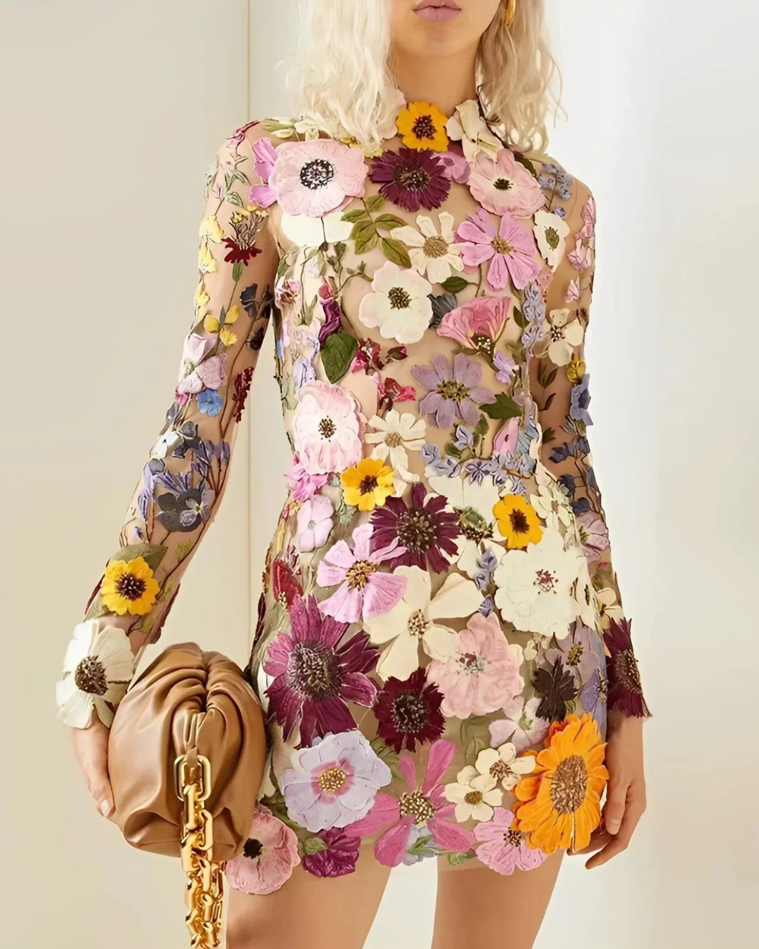 Willa Evening Gown | Floral Appliques, Long Sleeve, Lightweight Fabric