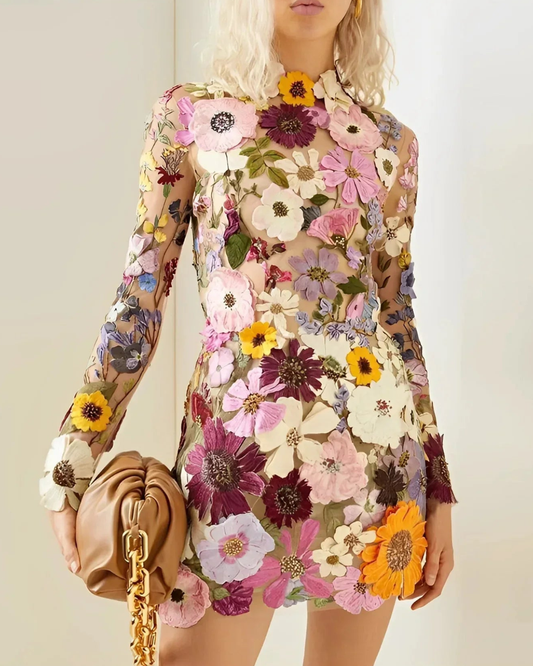 Willa Evening Gown | Floral Appliques, Long Sleeve, Lightweight Fabric