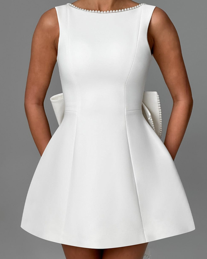 Carly Mini Dress | Luxe Crepe, Detachable Bow, Wedding Guest & Cocktail Dress