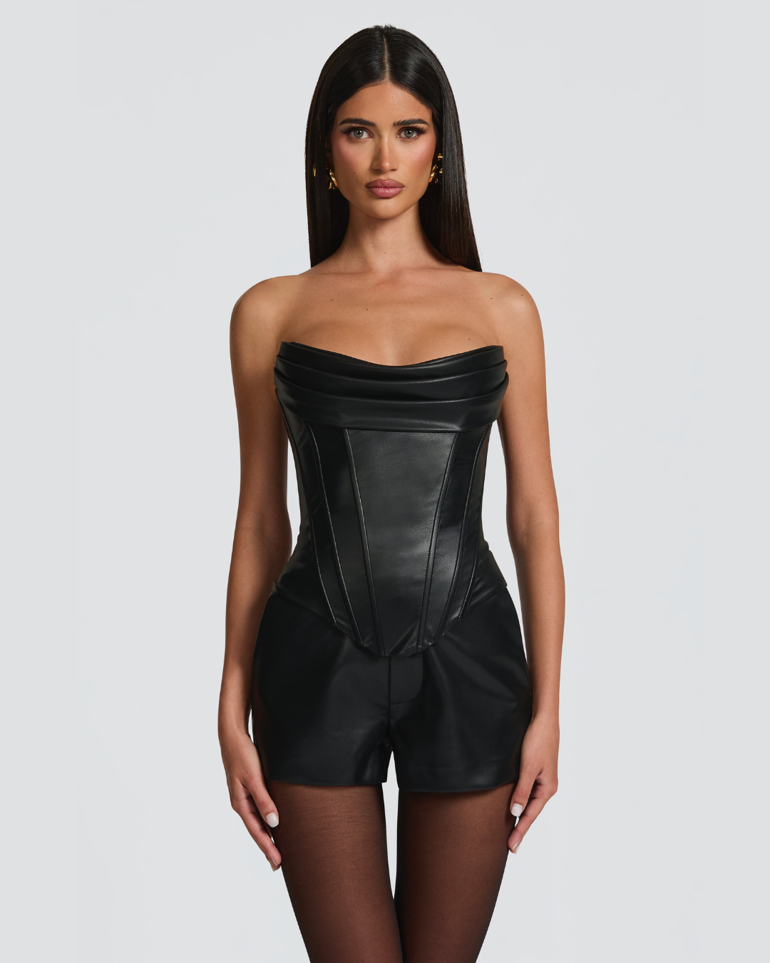Elysian Black Corset Top | Faux Leather, Structured Design, Adjustable Lace-Up Back