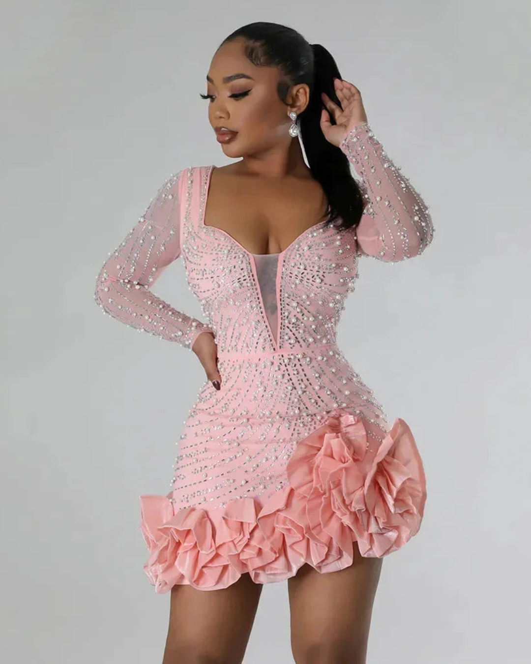 Sera Evening Gown | Plunging Neckline, Rhinestone Embellishments