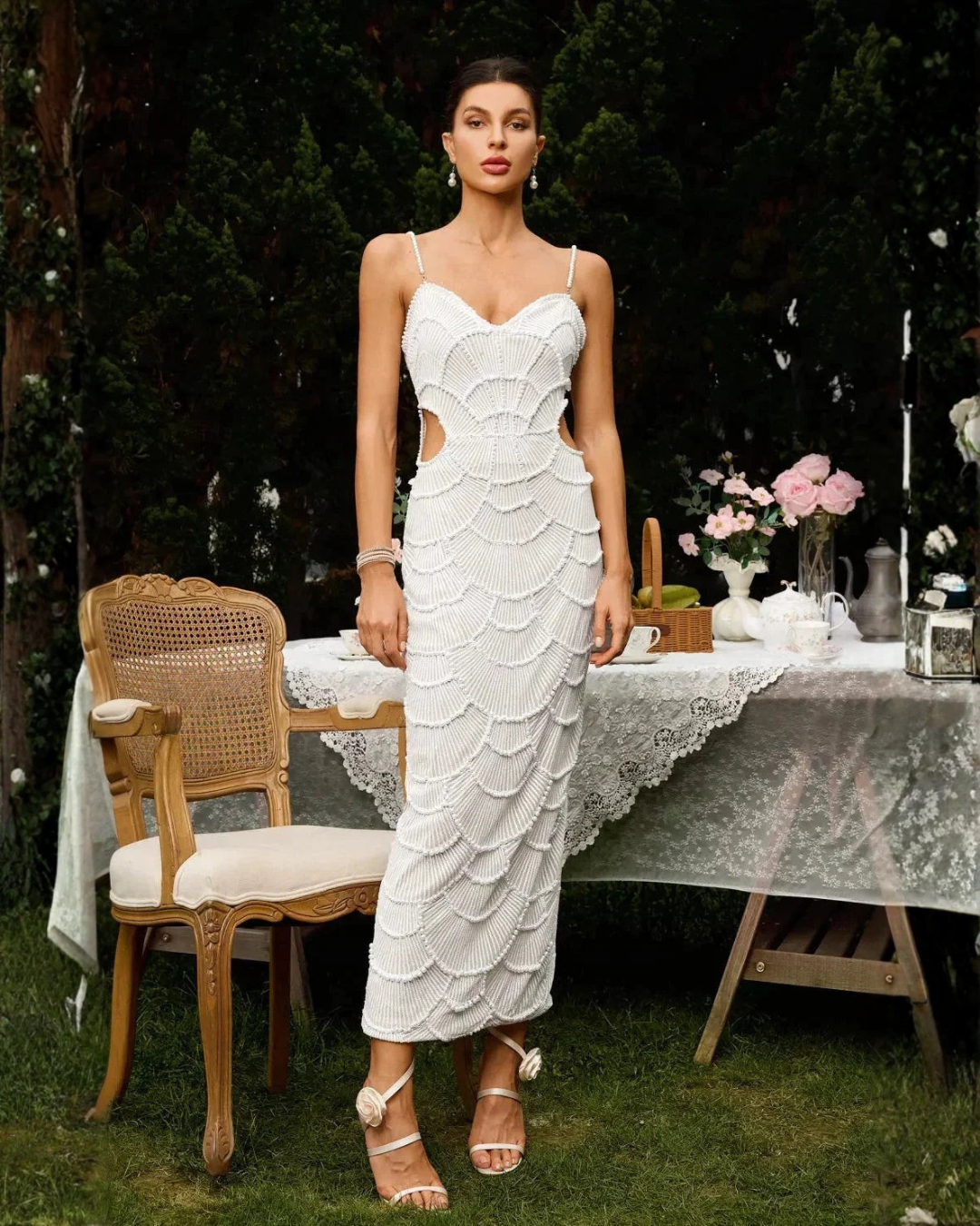 Wira Evening Gown | Sequined Midi Dress with Cutouts for Formal Events
