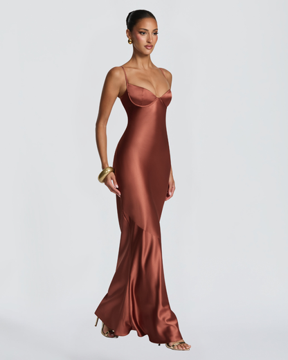 Amorette Maxi Dress | Rust Satin, Lace-Up Back, Adjustable Straps