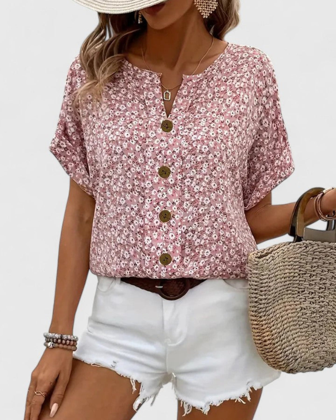 Fleur Women's Top | Lightweight Floral Blouse with Button Detail