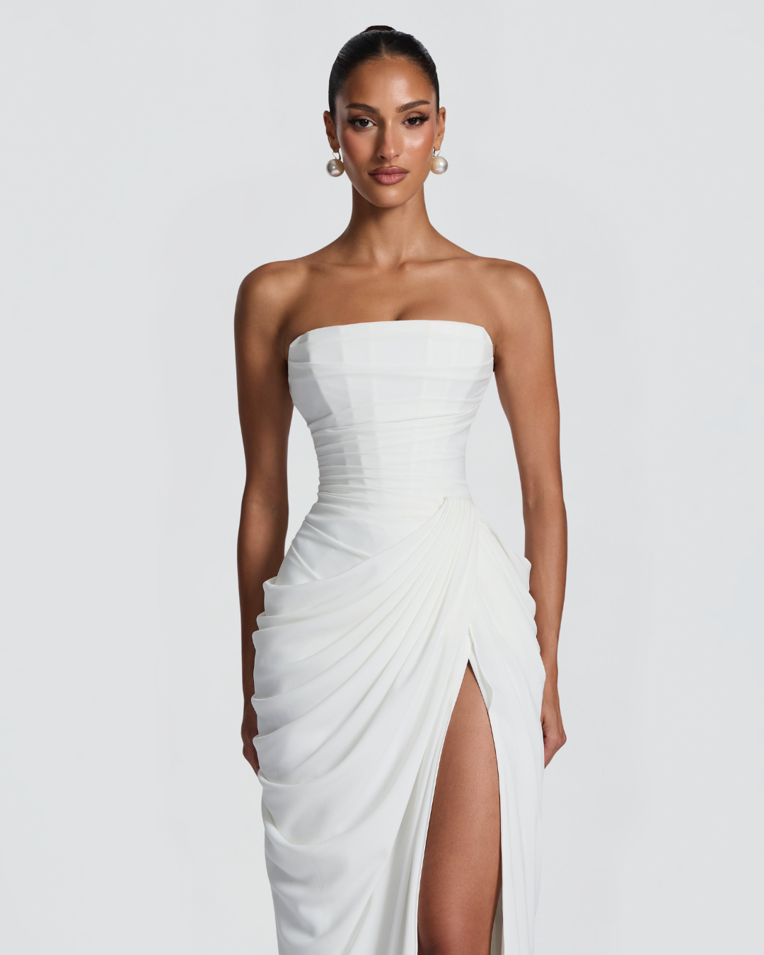 Cyla Wedding Gown | Ivory Chiffon, Strapless with Thigh-High Split