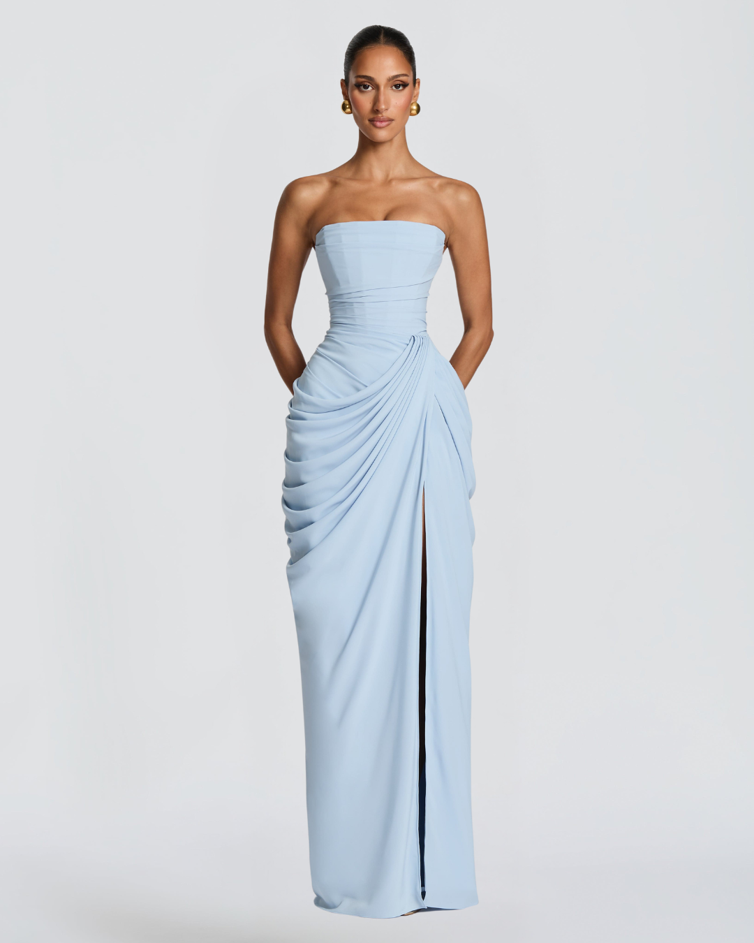 Cyla Maxi Dress | Glacier Blue Chiffon, Strapless Design, Thigh-High Split