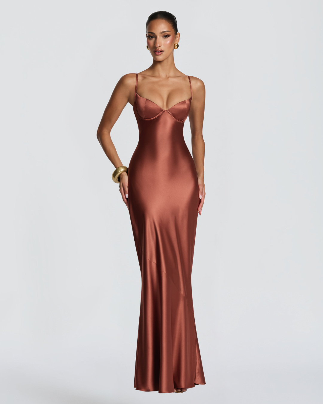 Amorette Maxi Dress | Rust Satin, Lace-Up Back, Adjustable Straps