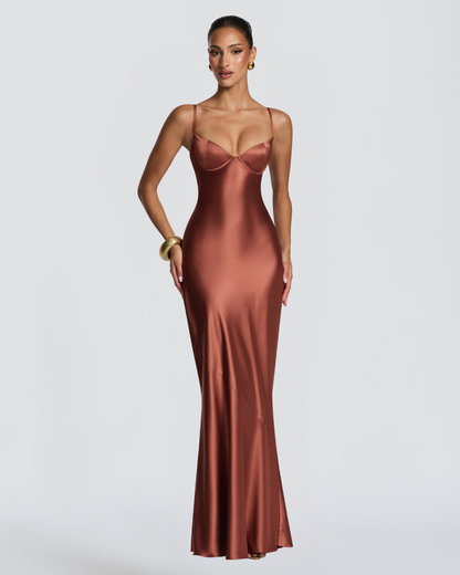 Amorette Maxi Dress | Rust Satin, Lace-Up Back, Adjustable Straps