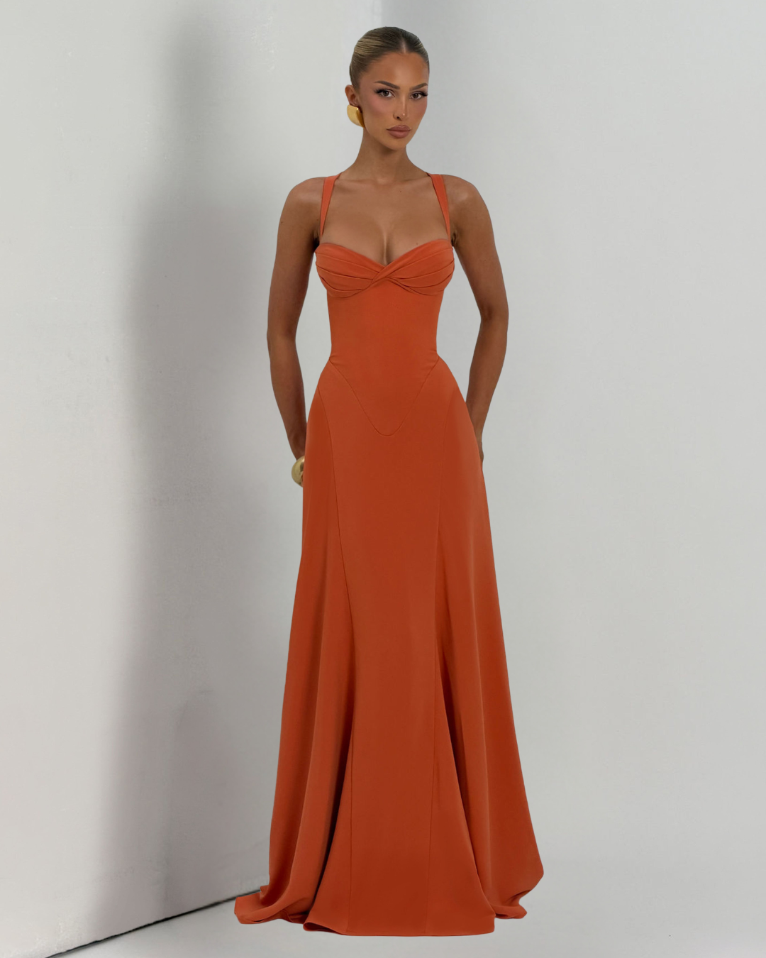 Irie Maxi Dress | Burnt Orange Chiffon, Sweetheart Neckline, Flared Skirt