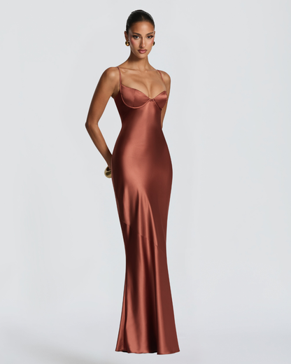 Amorette Maxi Dress | Rust Satin, Lace-Up Back, Adjustable Straps