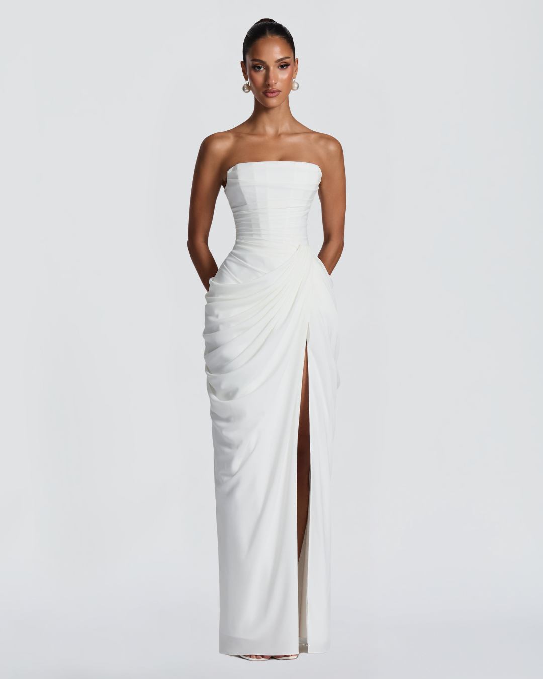 Cyla Wedding Gown | Ivory Chiffon, Strapless with Thigh-High Split