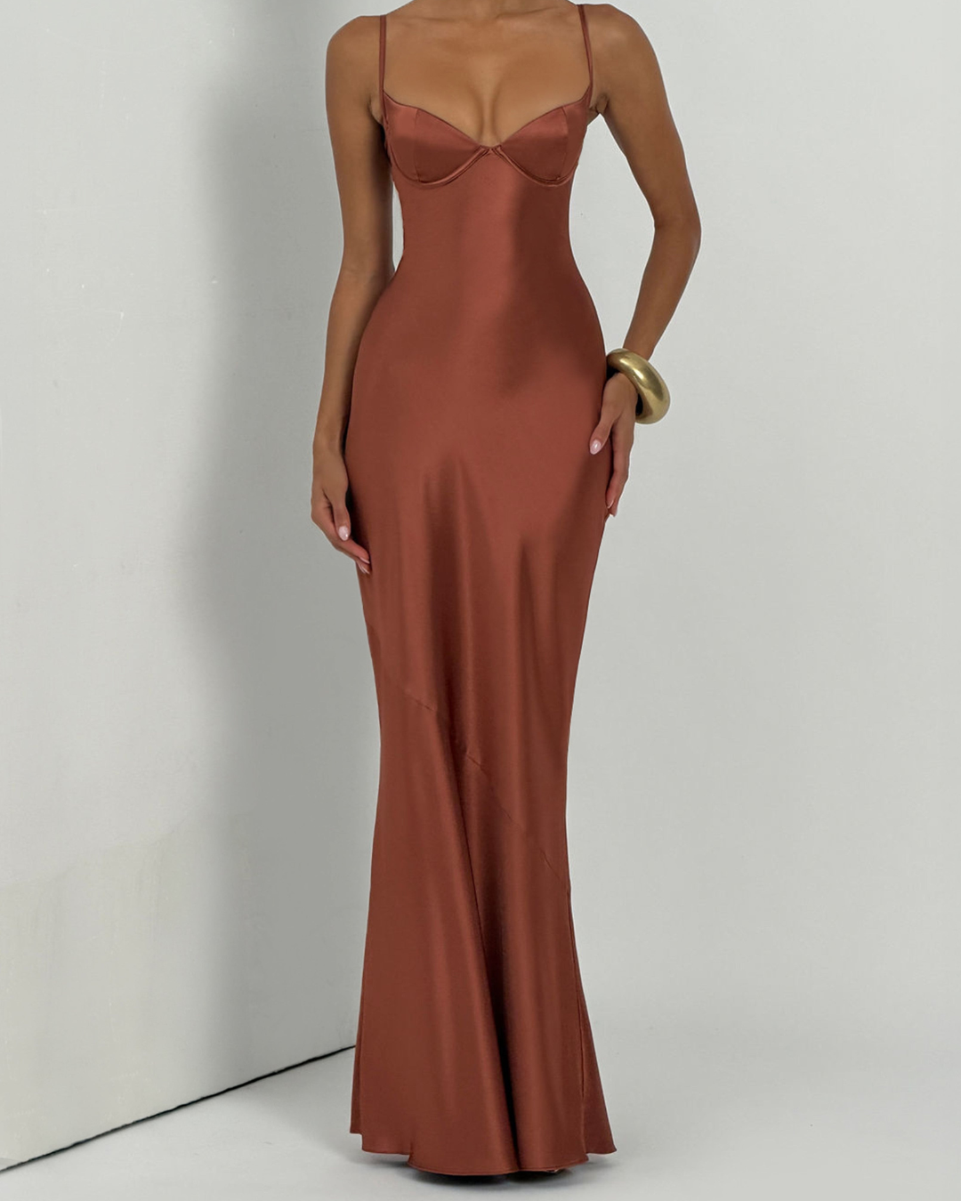 Amorette Maxi Dress | Rust Satin, Lace-Up Back, Adjustable Straps