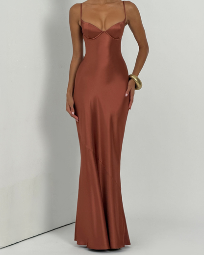 Amorette Maxi Dress | Rust Satin, Lace-Up Back, Adjustable Straps