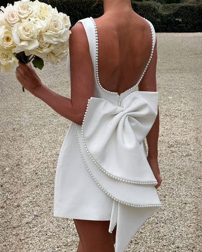 Carly Mini Dress | Luxe Crepe, Detachable Bow, Wedding Guest & Cocktail Dress