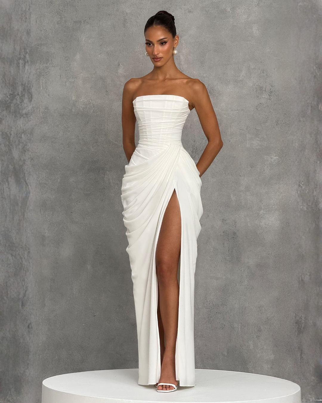 Cyla Wedding Gown | Ivory Chiffon, Strapless with Thigh-High Split