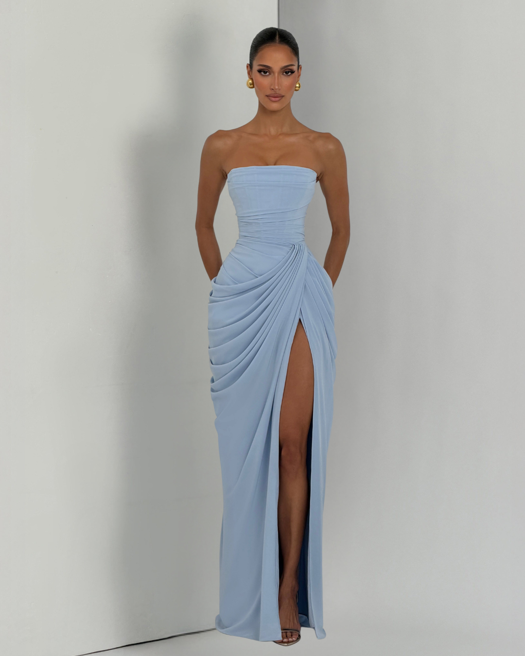 Cyla Maxi Dress | Glacier Blue Chiffon, Strapless Design, Thigh-High Split