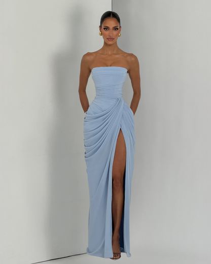 Cyla Maxi Dress | Glacier Blue Chiffon, Strapless Design, Thigh-High Split