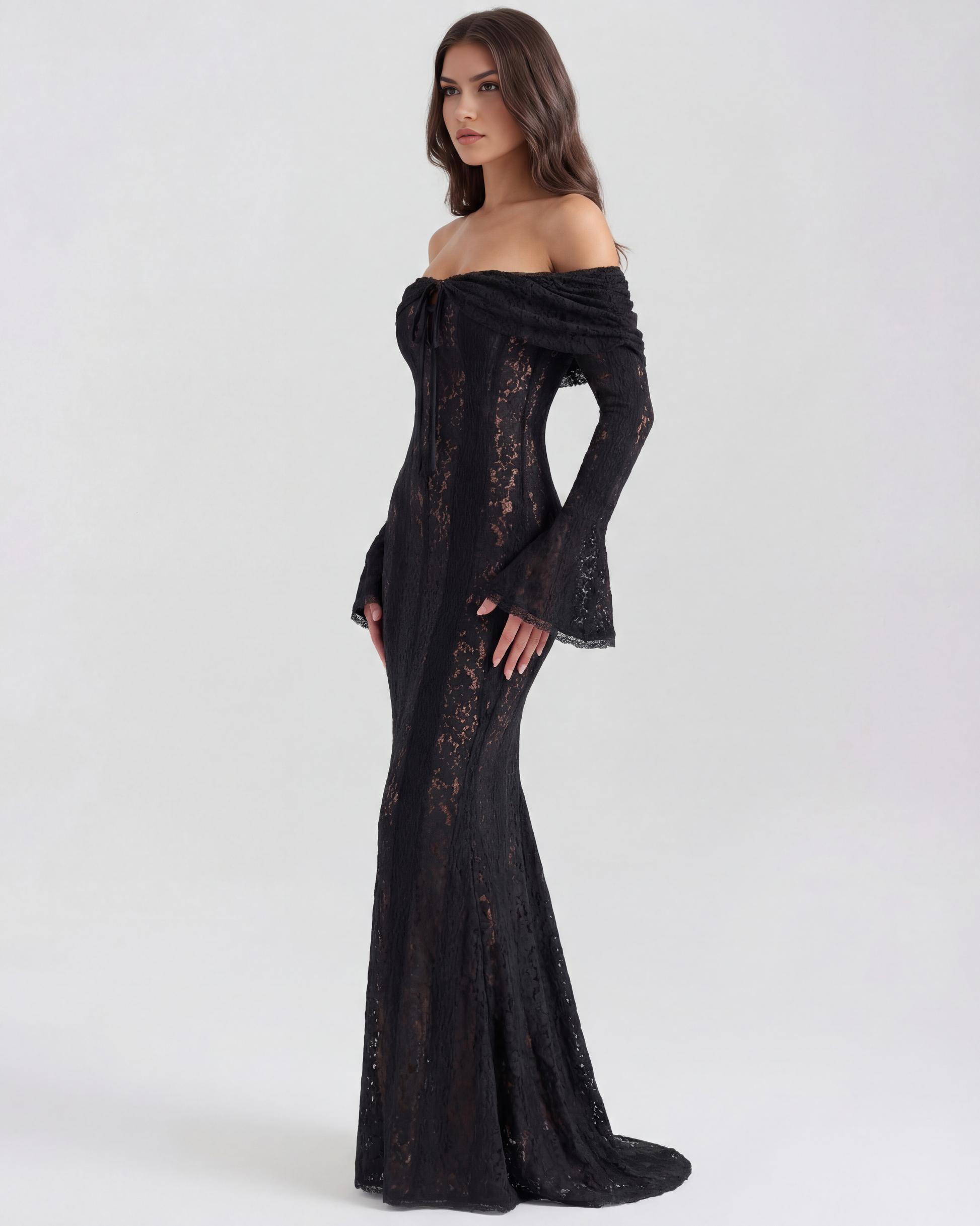 Alyssa Black Maxi Dress | Stretch Floral Lace, Off-Shoulder 1