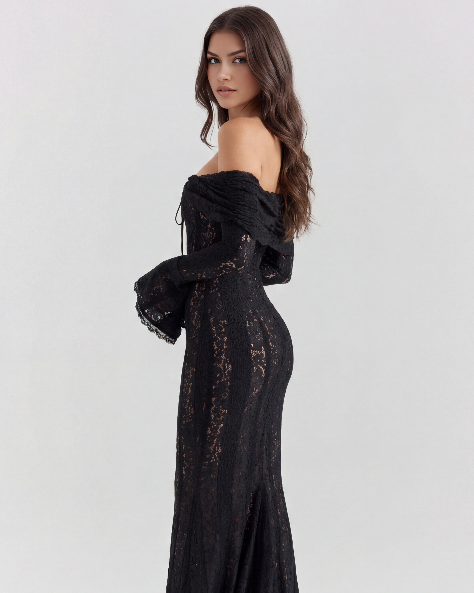Alyssa Black Maxi Dress | Stretch Floral Lace, Off-Shoulder 2