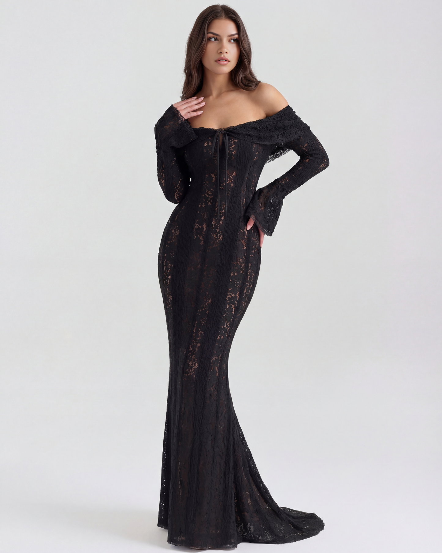 Alyssa Black Maxi Dress | Stretch Floral Lace, Off-Shoulder 3