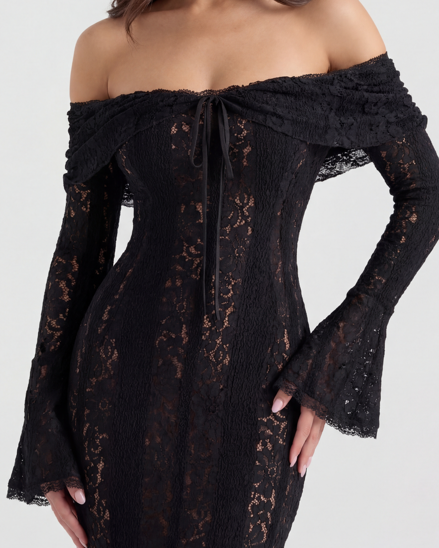 Alyssa Black Maxi Dress | Stretch Floral Lace, Off-Shoulder 5