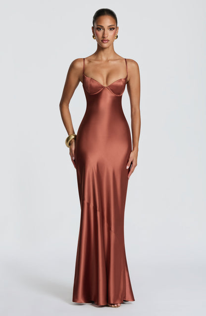 Amorette Maxi Dress | Rust Satin, Lace-Up Back, Adjustable Straps 0