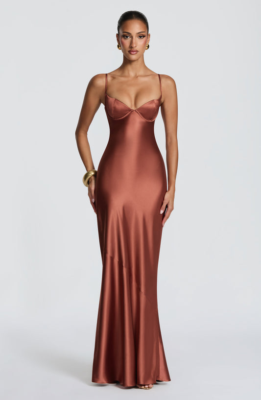 Amorette Maxi Dress | Rust Satin, Lace-Up Back, Adjustable Straps 0