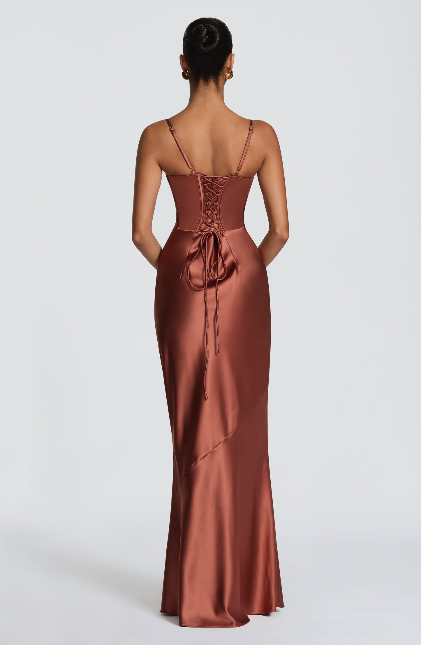 Amorette Maxi Dress | Rust Satin, Lace-Up Back, Adjustable Straps 1