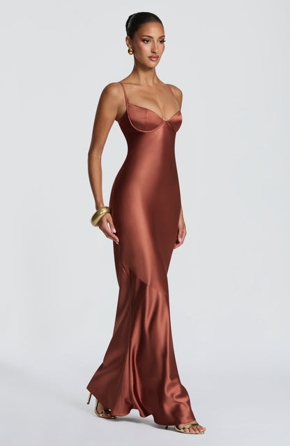 Amorette Maxi Dress | Rust Satin, Lace-Up Back, Adjustable Straps 3